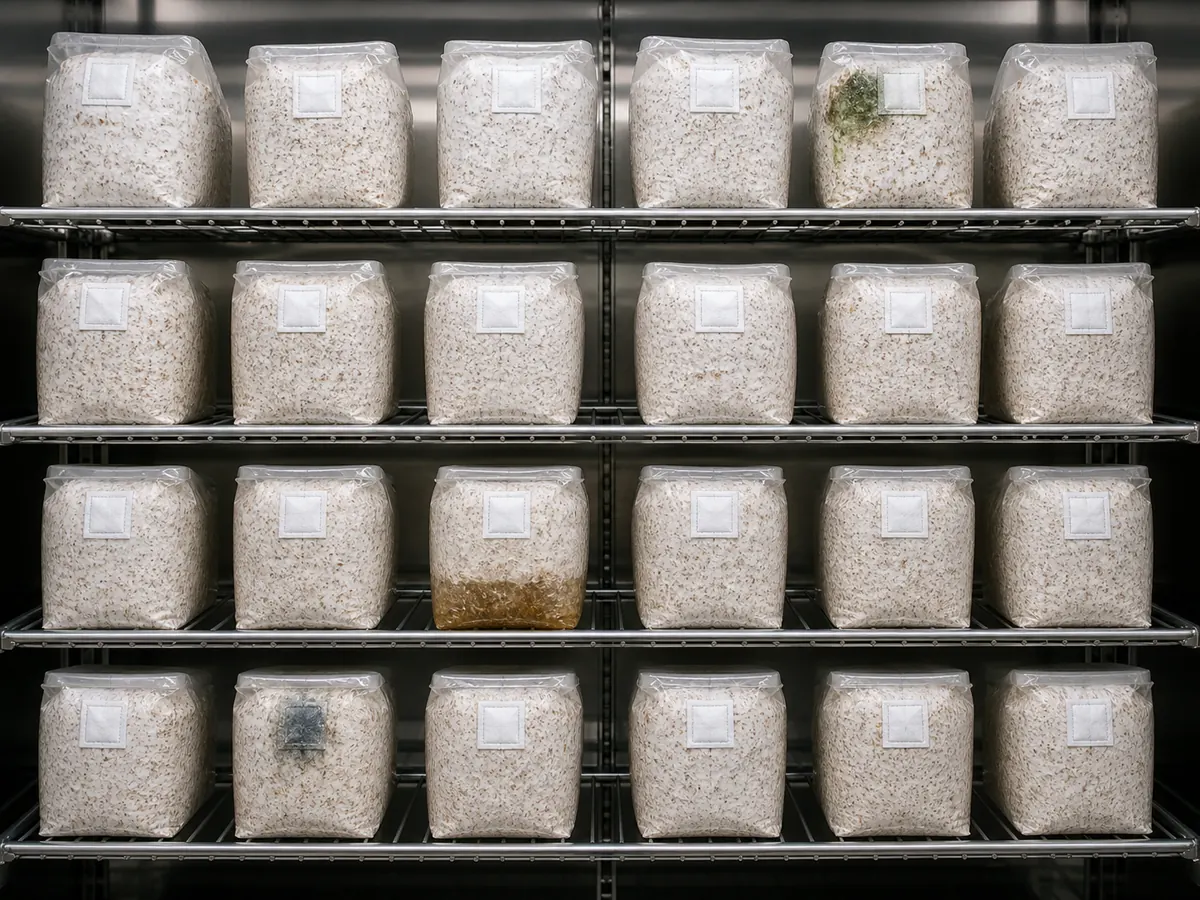 Labeled sawdust block batch showing bottom, filter-side, and random failure patterns
