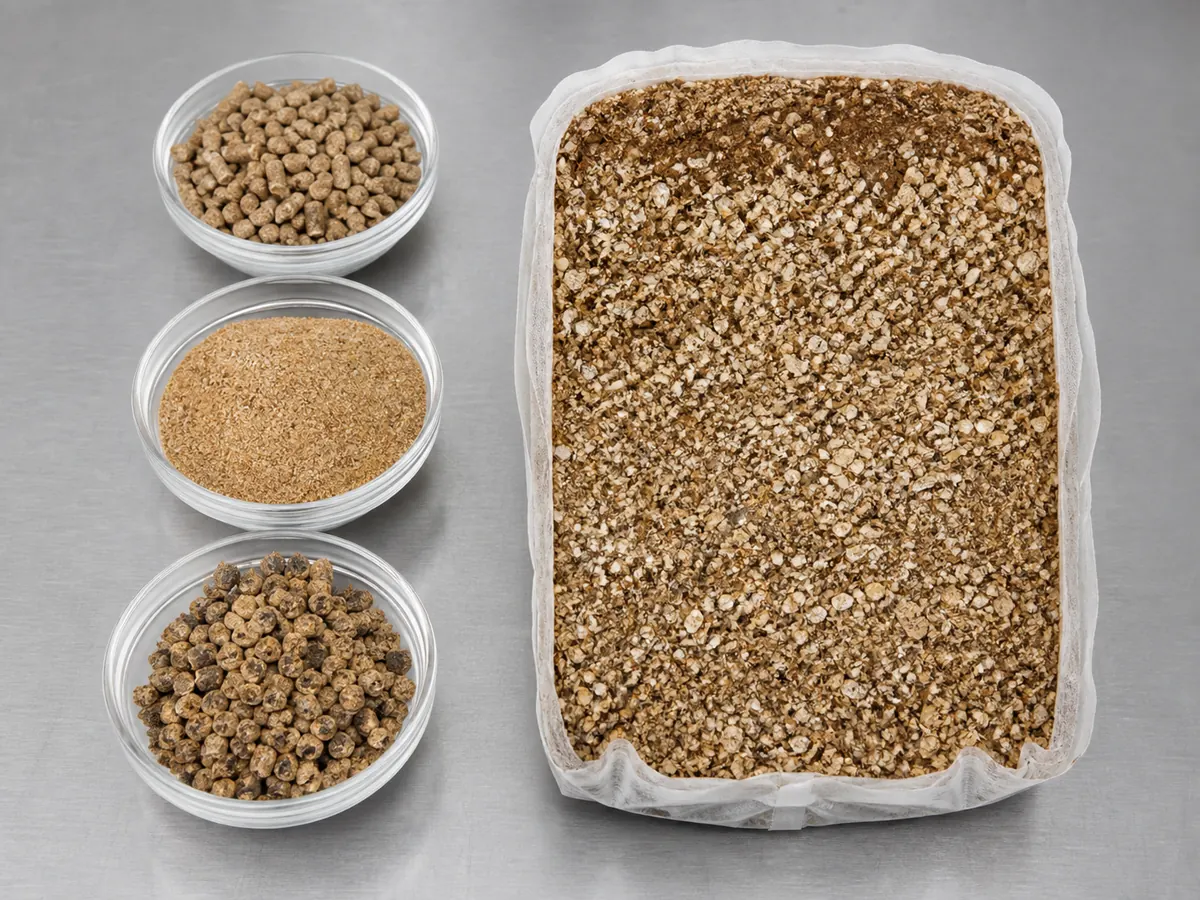 Hardwood particles, measured supplement, and a finished filter-bag block shown in cross-section