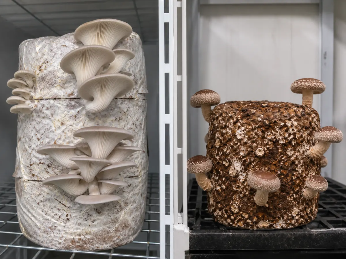 Oyster cluster from a side slit beside a mature broadly exposed shiitake block
