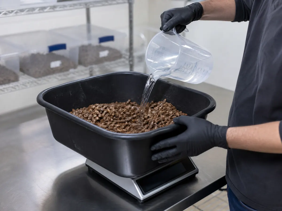 Water weighed into hardwood pellets while the mixing tub sits on a scale