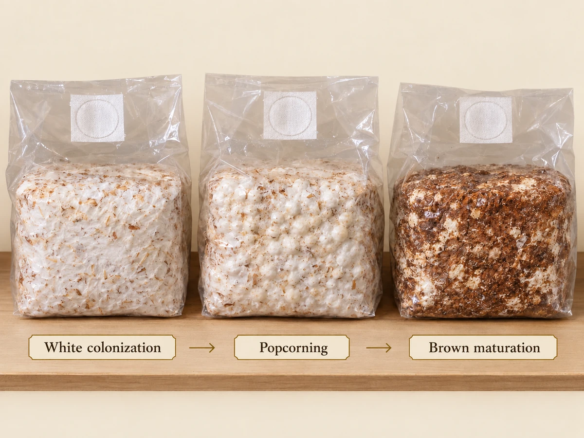 Raster comparison of a shiitake block during white colonization, bumpy popcorning and brown outer maturation