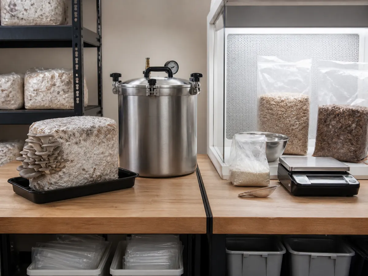 Ready mushroom block beside pressure vessel and clean inoculation workspace