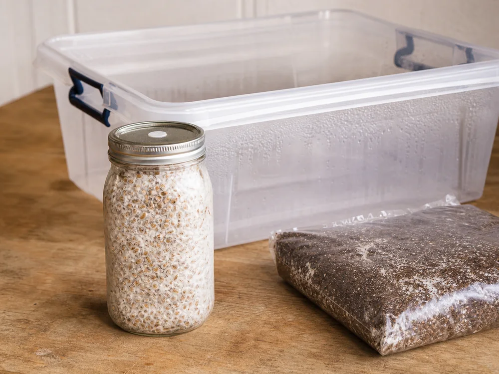 Clean colonized grain spawn beside a monotub and substrate - monotub method