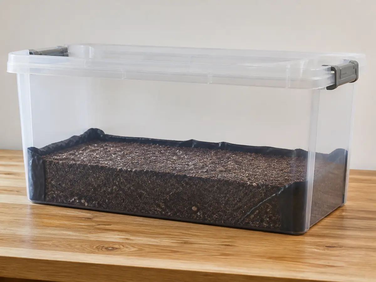 Clear monotub showing a level bulk substrate layer, fitted liner, and open chamber space above - monotub substrate depth