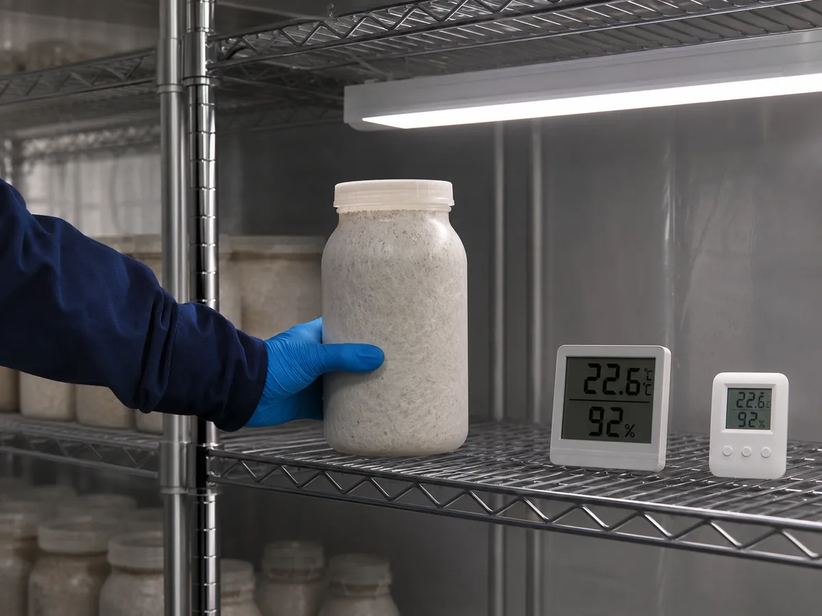 Colonized Nameko bottle entering a measured fruiting environment