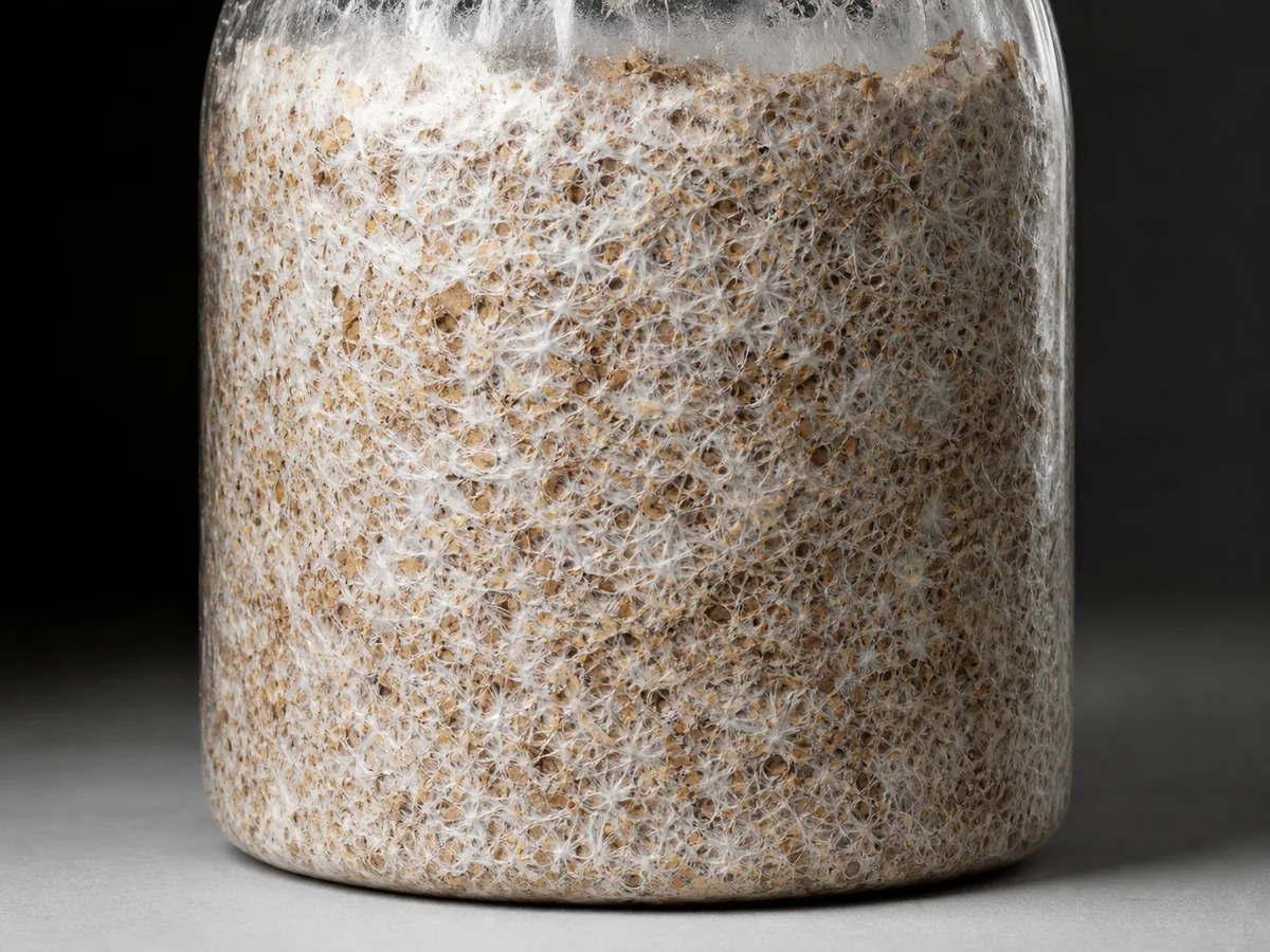 White Nameko mycelium binding woody particles inside a cultivation bottle