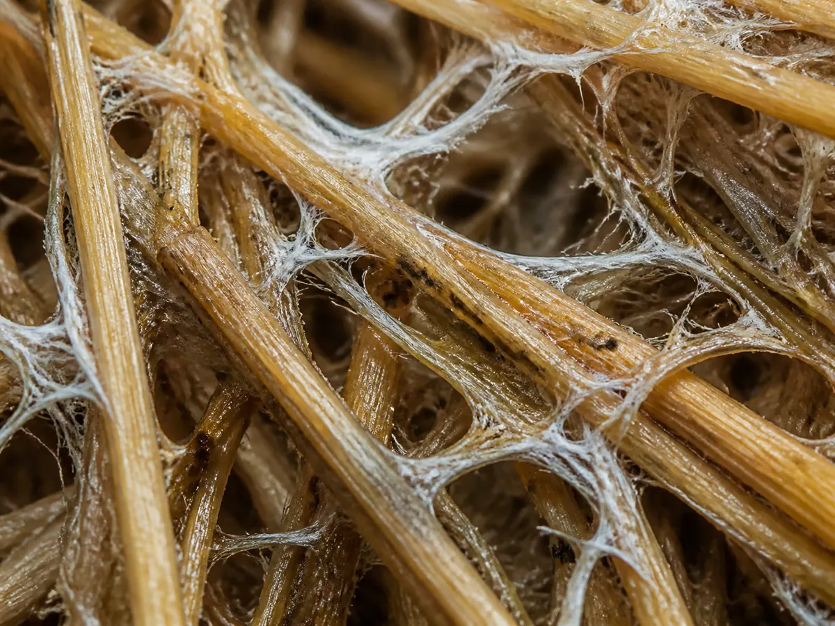 Fine white paddy straw mushroom mycelium bridging moist golden straw fibers