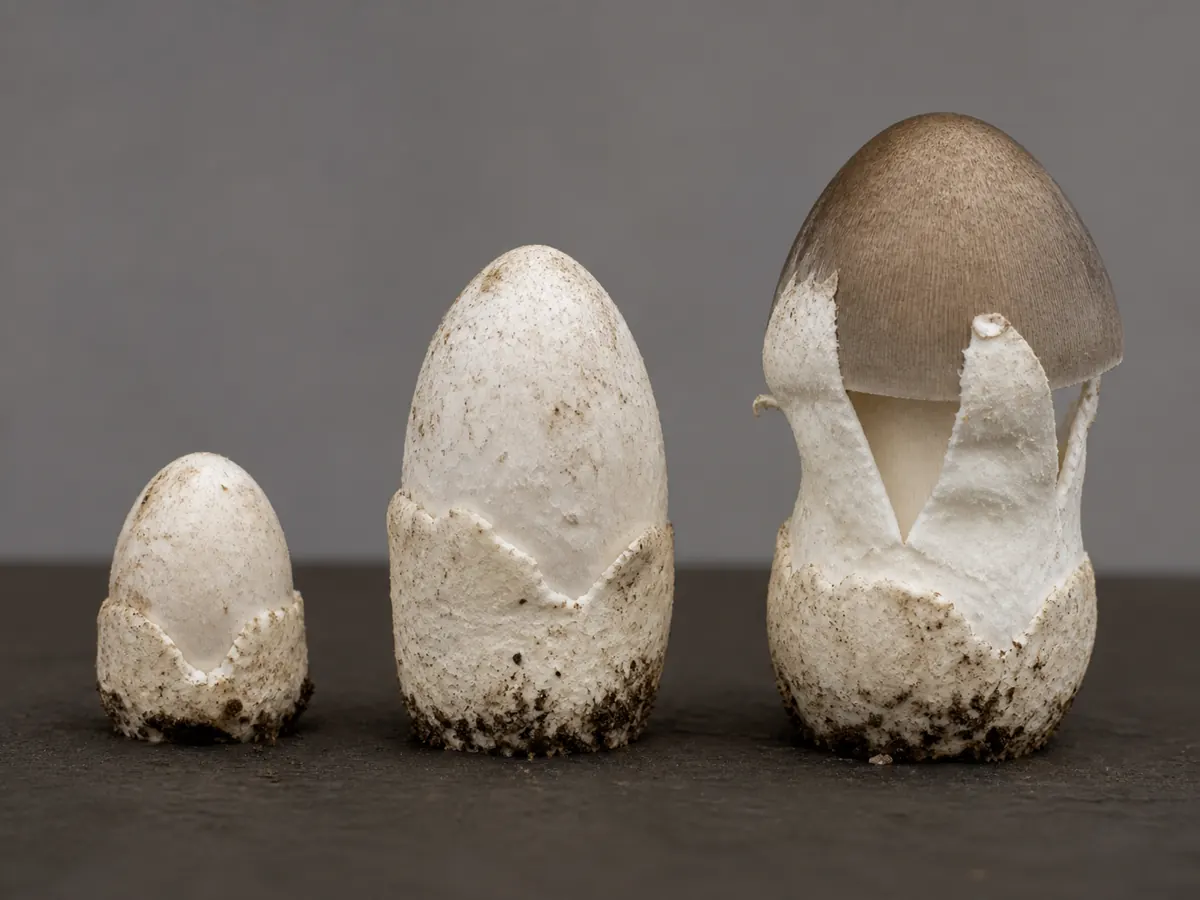 Pin, closed egg, and newly opened Volvariella volvacea shown in sequence