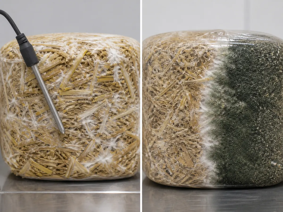 Cold-stalled straw colonization beside a separate sealed mold-affected sample