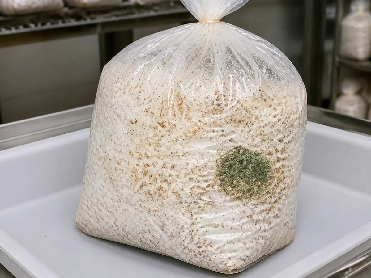 Sealed mushroom block isolated after a green colony appeared