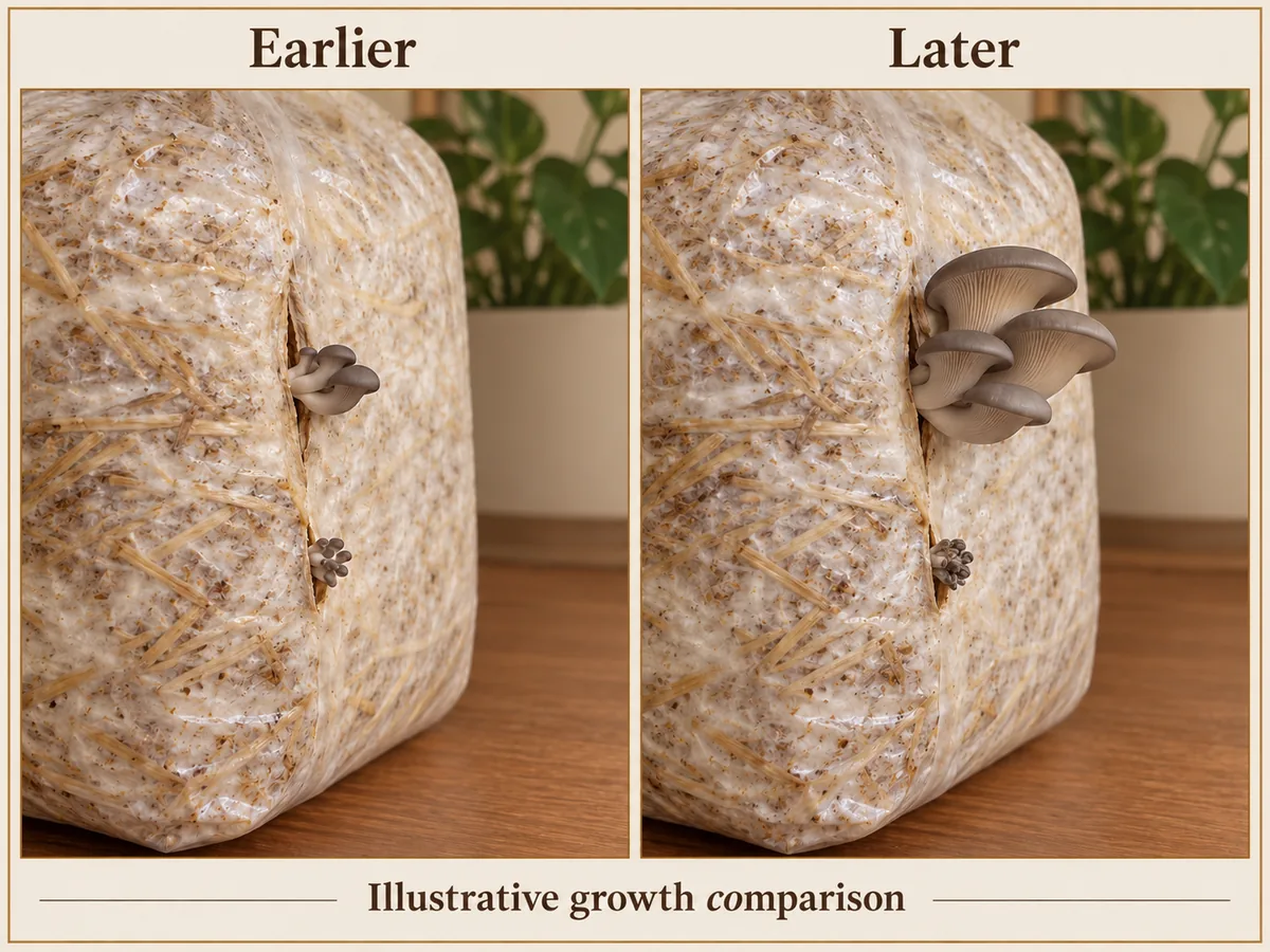 Two matched views of an oyster fruiting opening with one group enlarging while another remains small and shriveled