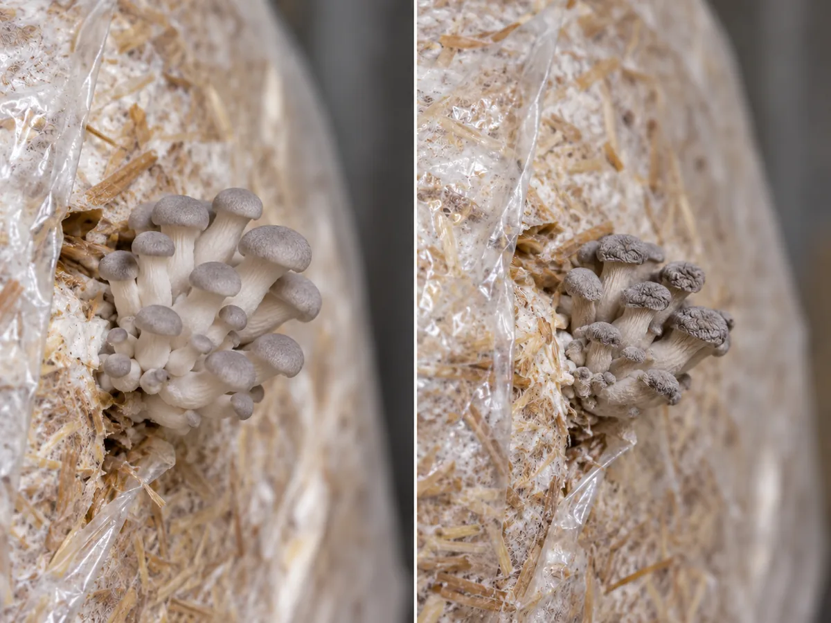 Plump gray oyster primordia compared with a shriveled clustered pinset at a small side opening
