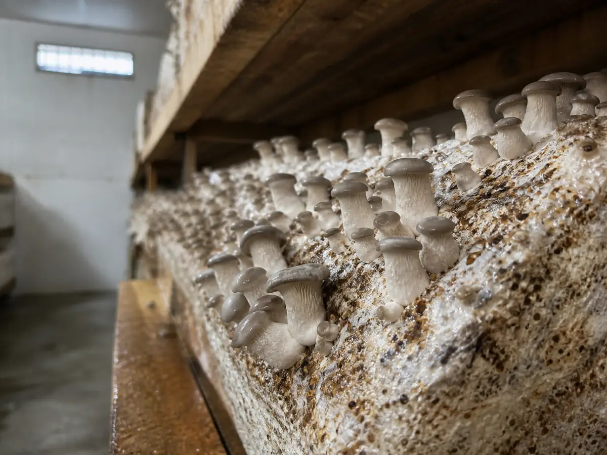 Healthy young mushroom pins on a humid shelf protected from direct fan airflow