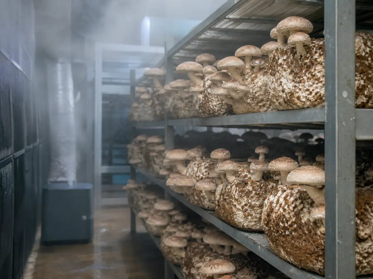 Humid mushroom fruiting shelf with indirect exhaust and no fan pointed at the blocks