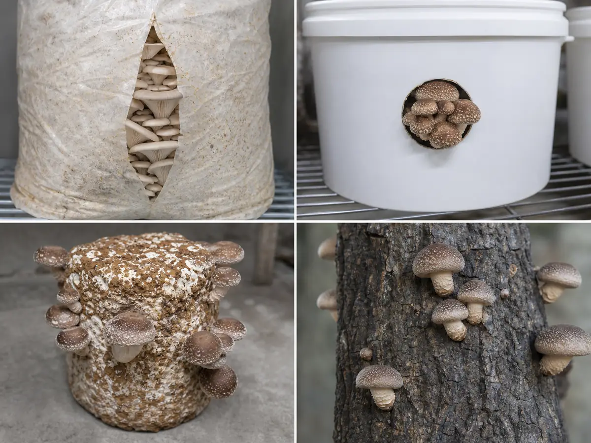 Fruiting openings on an oyster bag, bucket, exposed block face, and shiitake log