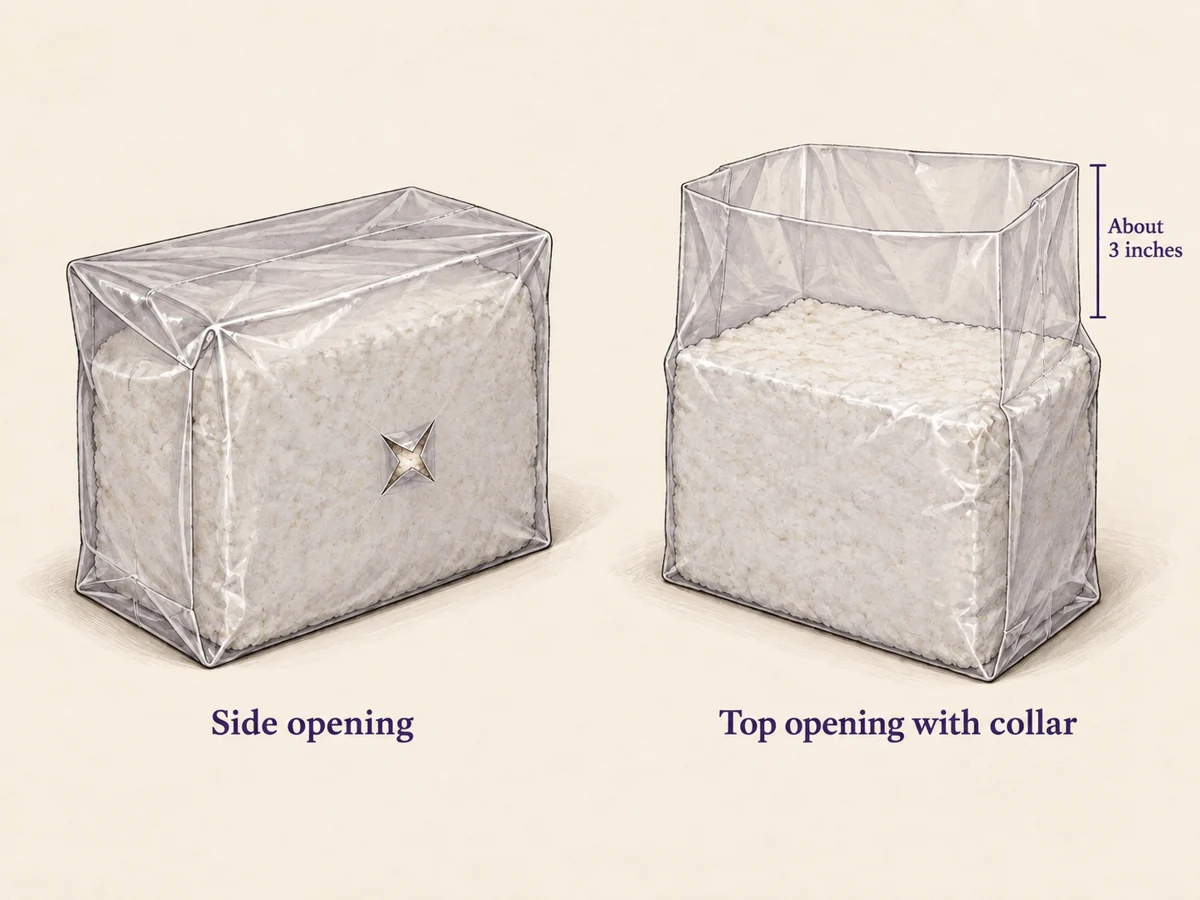 Diagram of a small side opening in a covered block bag beside an open-top block with a retained plastic collar