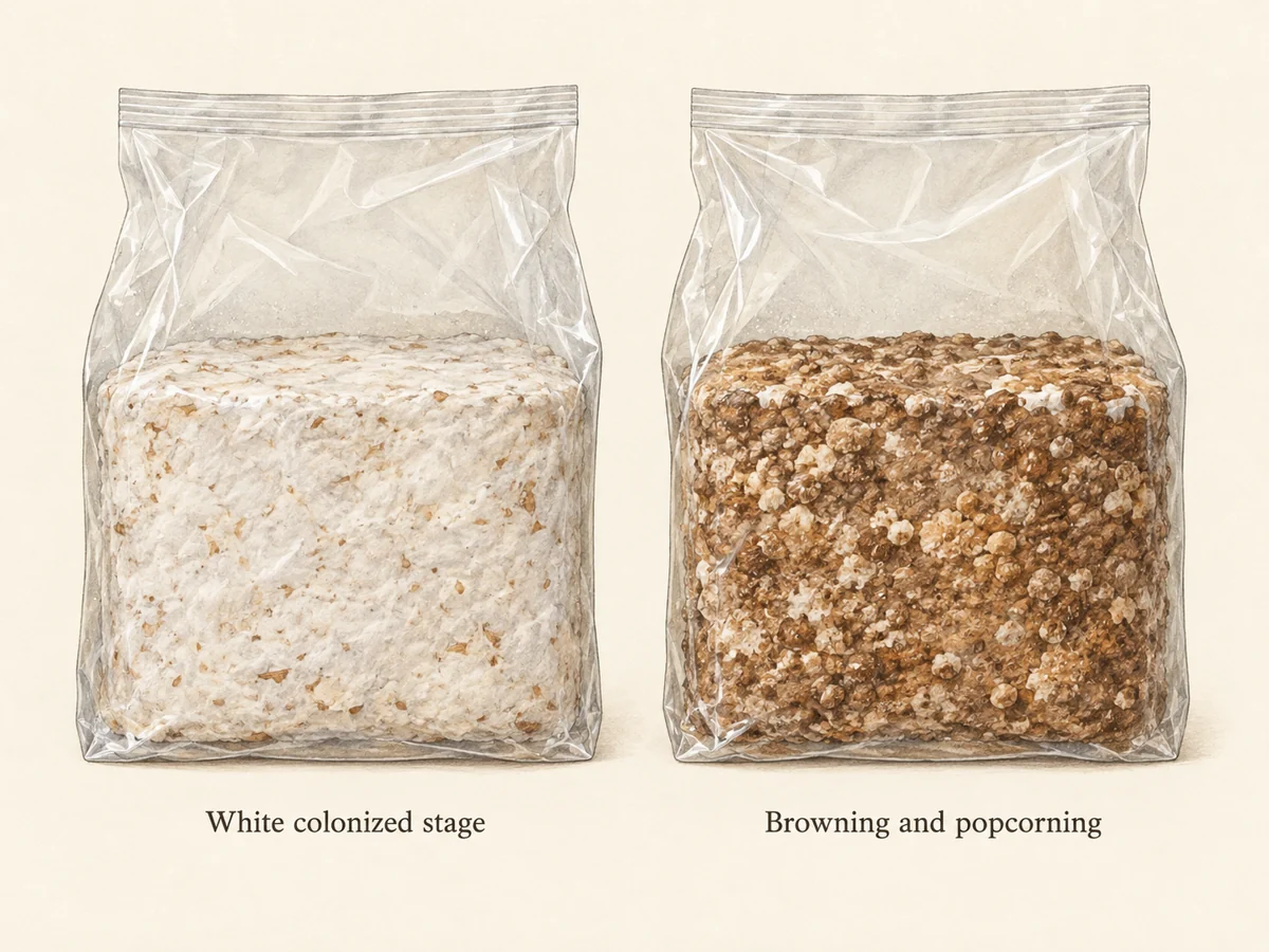 Illustration comparing a white colonized shiitake sawdust block with a brown, bumpy maturing block inside transparent bags