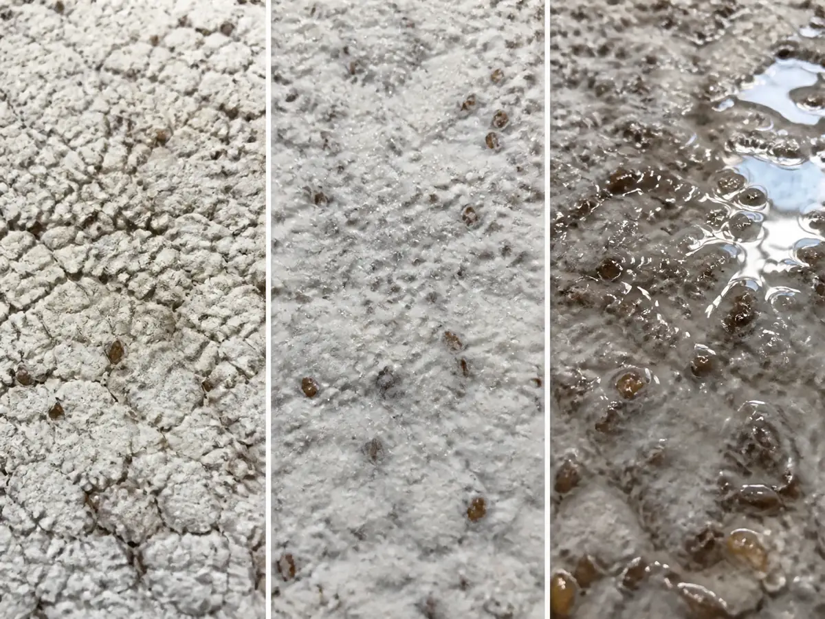 Macro comparison of dry, finely beaded, and pooled mushroom fruiting surfaces