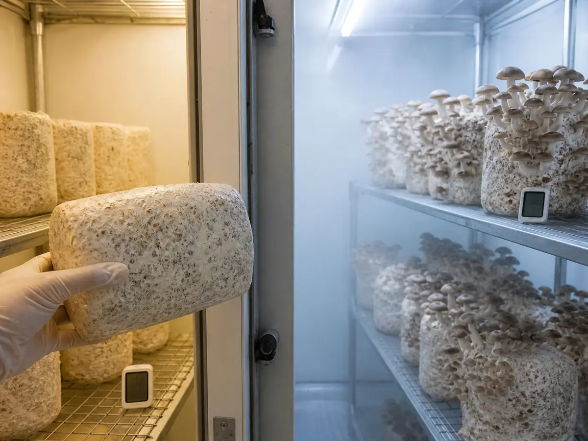 Colonized mushroom block moving between measured incubation and fruiting shelves