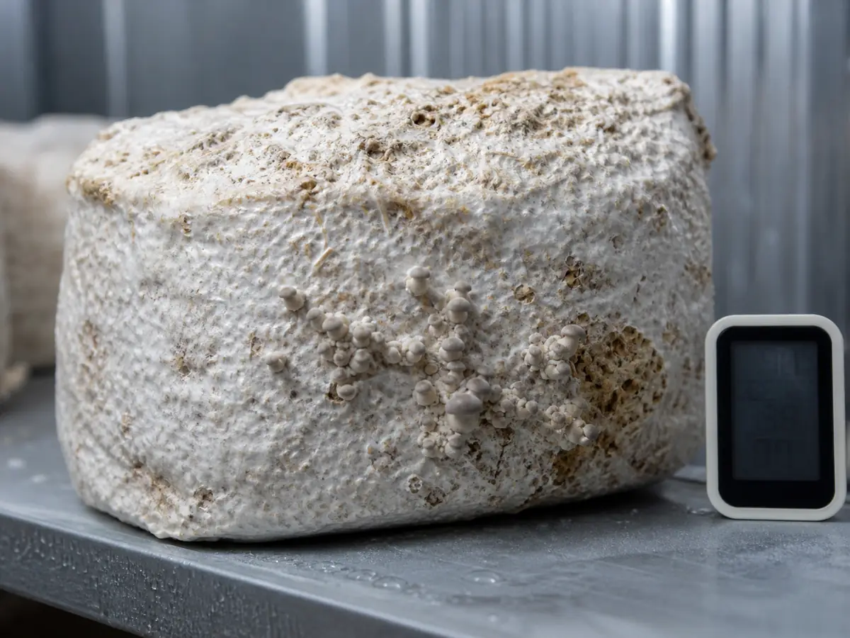 Colonized mushroom block forming its first healthy pins beside an environmental logger