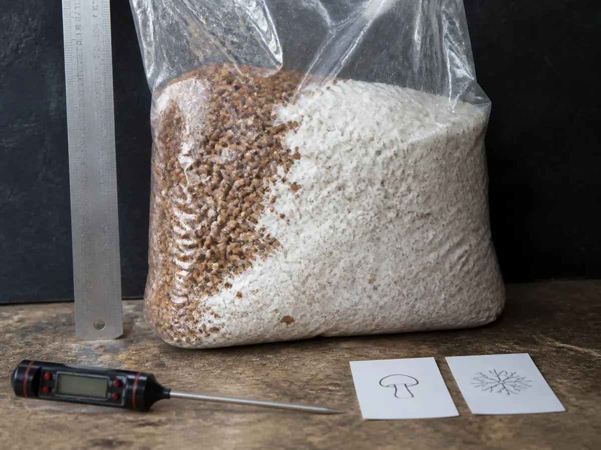 Partly colonized mushroom substrate beside a ruler, probe thermometer, and dated observation card