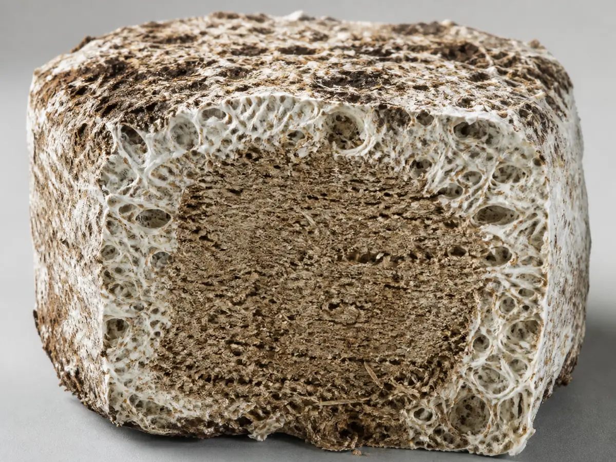 Cutaway mushroom substrate block showing a tightly packed center and a porous outer region