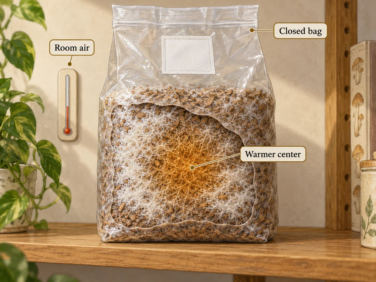 Illustrated cutaway of a closed sawdust bag with a warmer center and a separate room-air thermometer