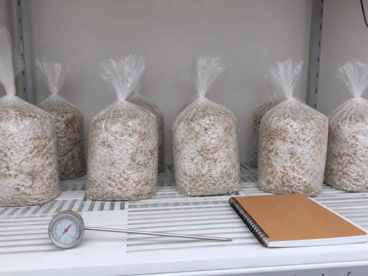 Spaced colonizing bags on a shelf with one probe thermometer and an observation log