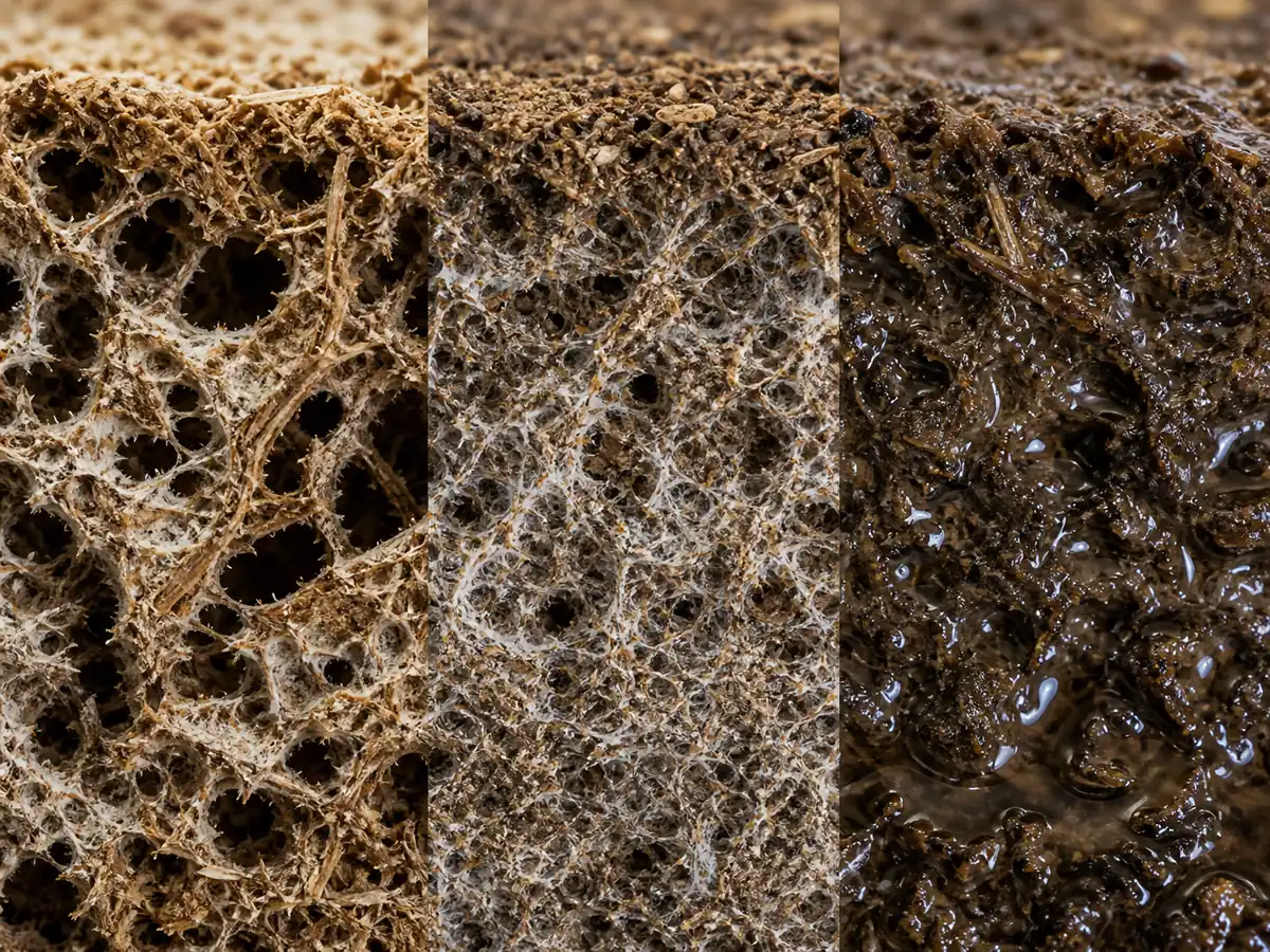 Equal cross sections of dry, evenly moist, and waterlogged mushroom substrate