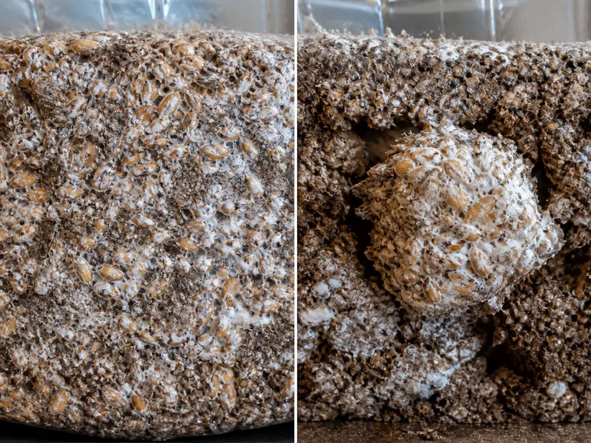 Evenly distributed grain spawn compared with one clumped inoculation zone in equal substrate masses