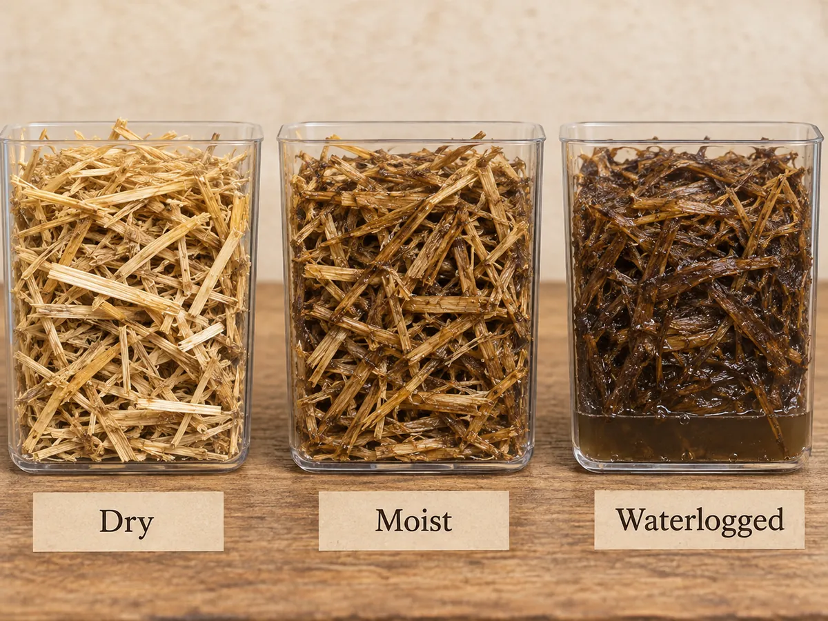 Three chopped-straw samples showing dry fibers, moist separated fibers and matted fibers above standing water