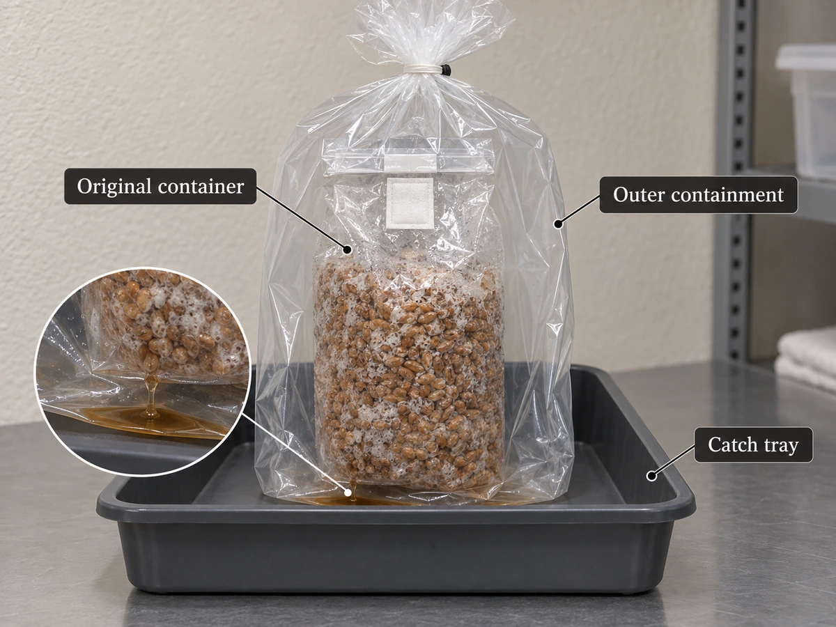 Closed grain bag inside outer containment with a leak collected above the catch tray