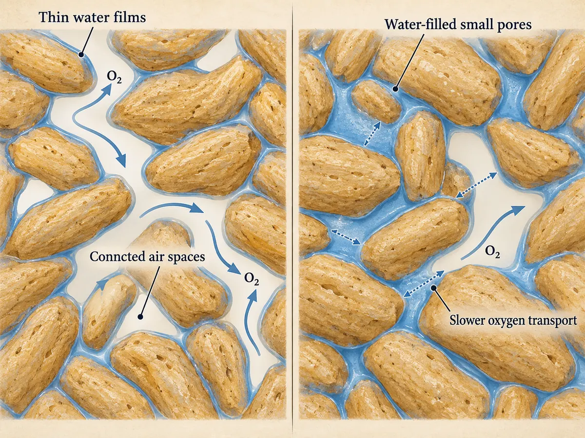 Paired cutaways comparing thin water films and connected air spaces with water-filled small pores