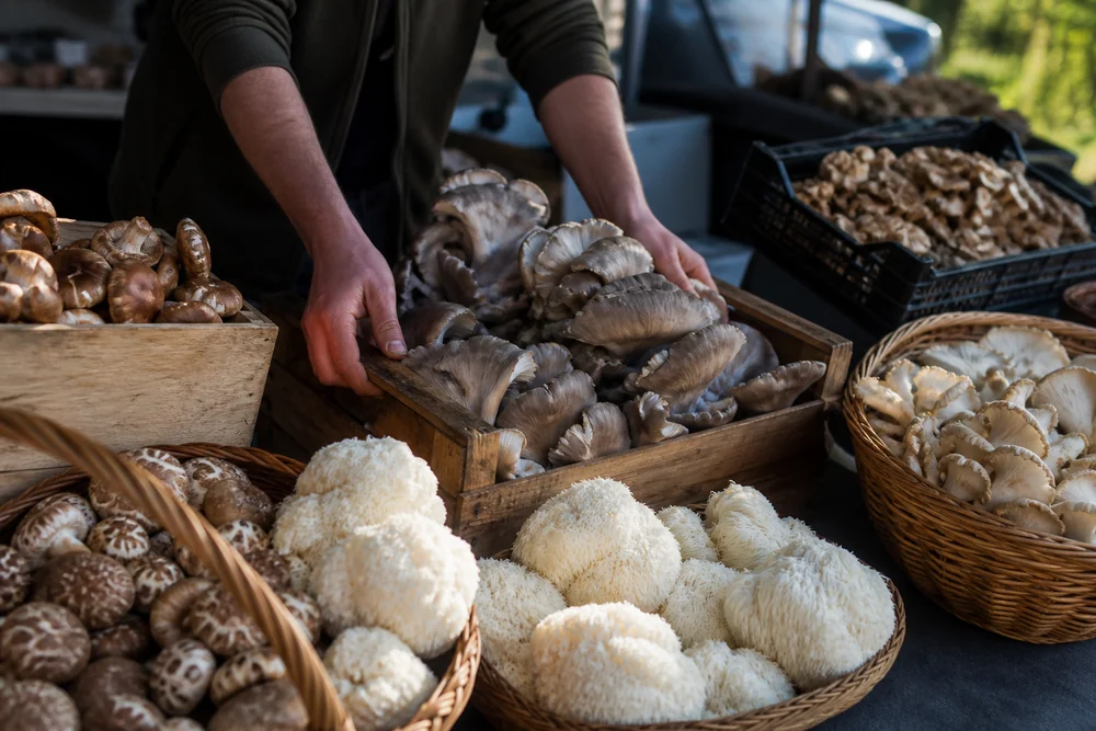 A farmers market stall with baskets and crates of fresh specialty mushrooms, oysters and lion's mane arranged for sale, with a vendor's hands adjusting a crate in morning light