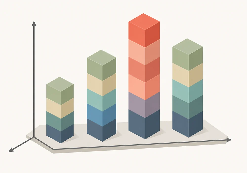 An isometric chart of four vertical bars of very different heights on a simple axis, each built from stacked segments, with one bar highlighted in a contrasting color