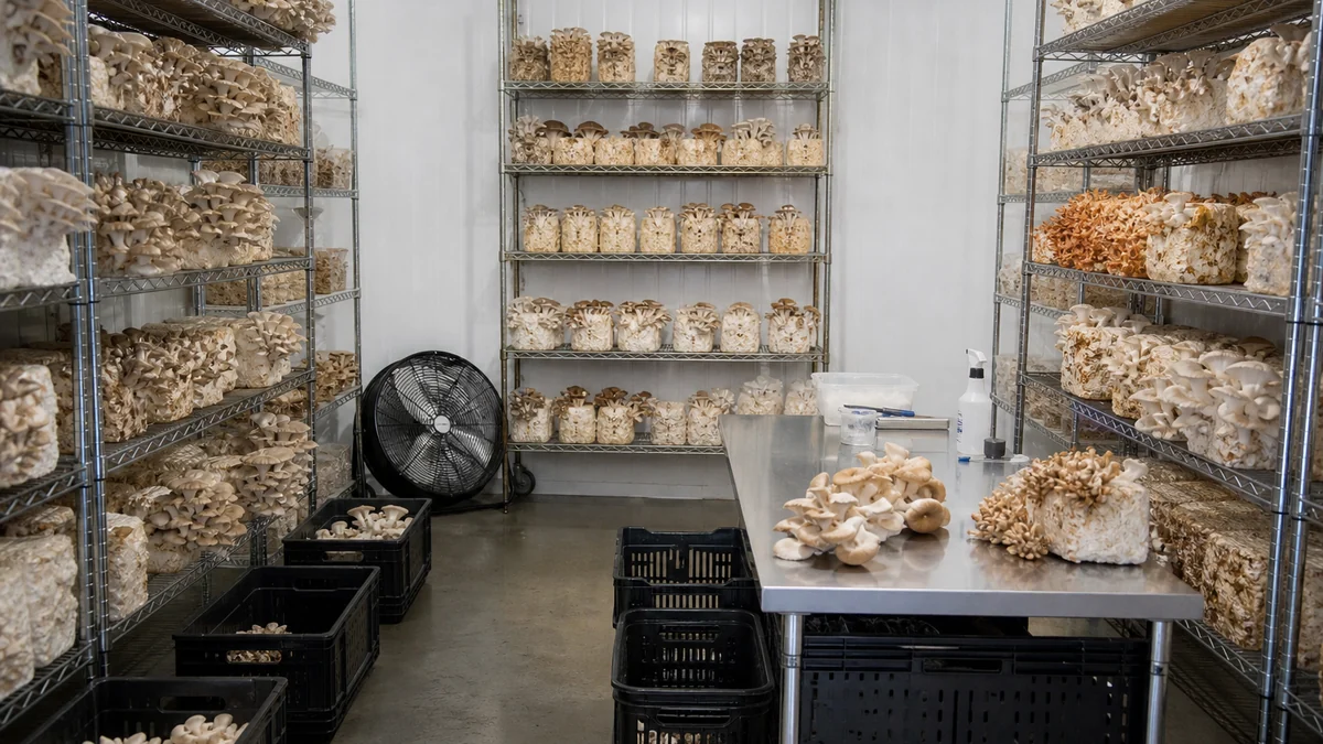 The interior of a small specialty mushroom farm with shelving racks, fruiting blocks and crates