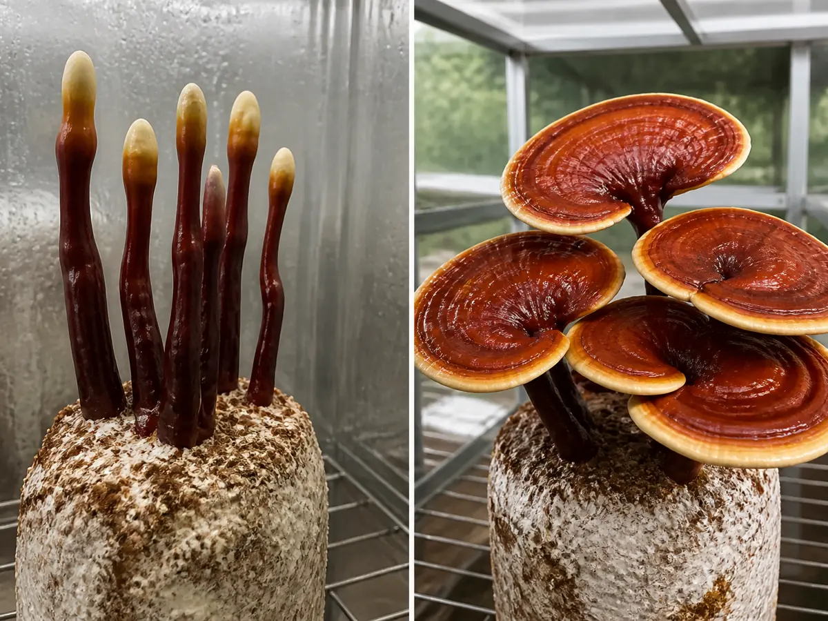Reishi antlers beside a shelf-like lacquered conk at the same scale