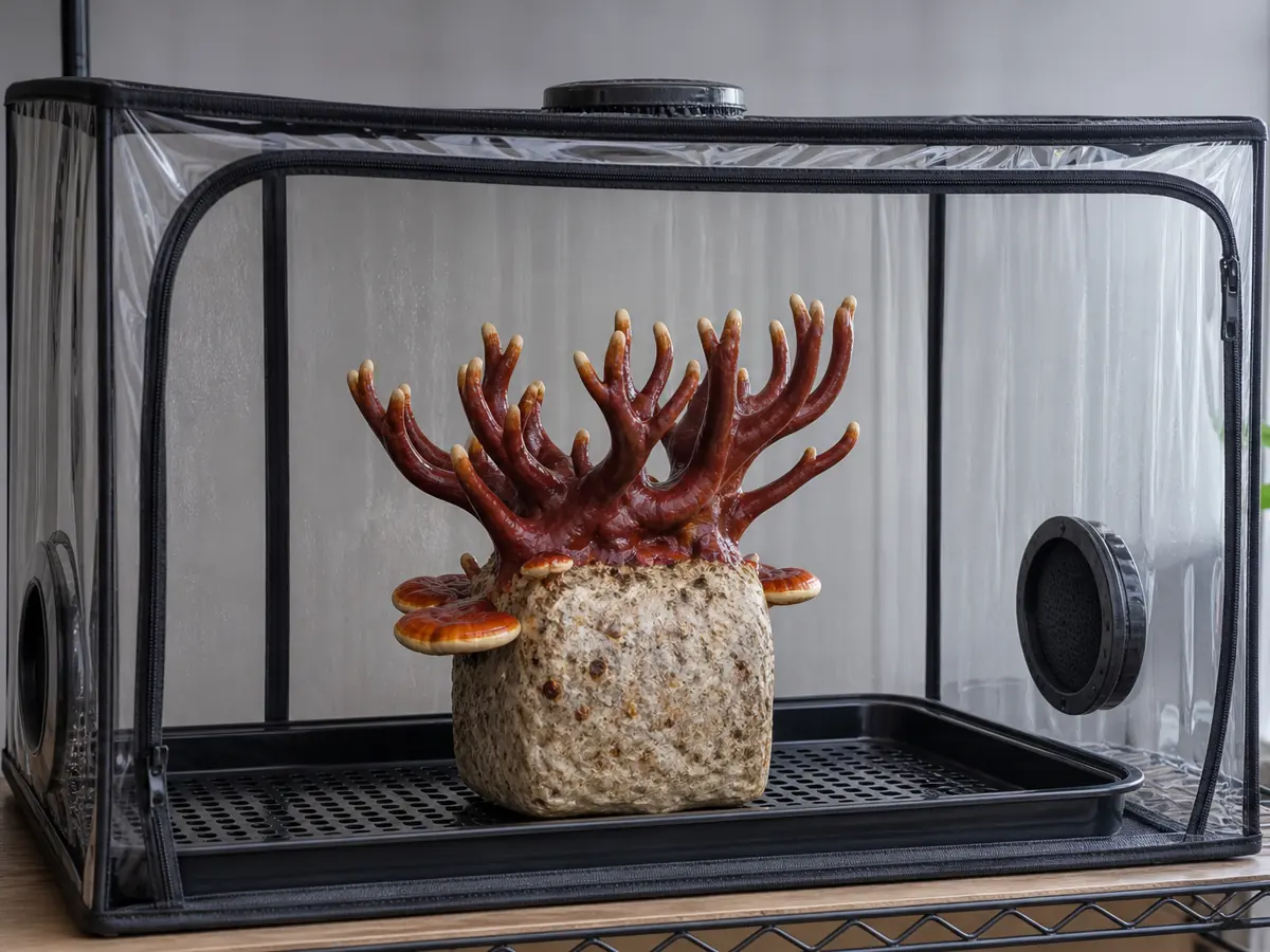 Reishi antlers developing in a measured humid fruiting enclosure