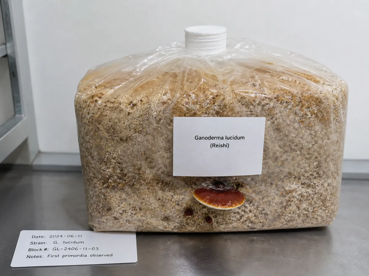 Species-labeled reishi block with a developing lacquered fruit body
