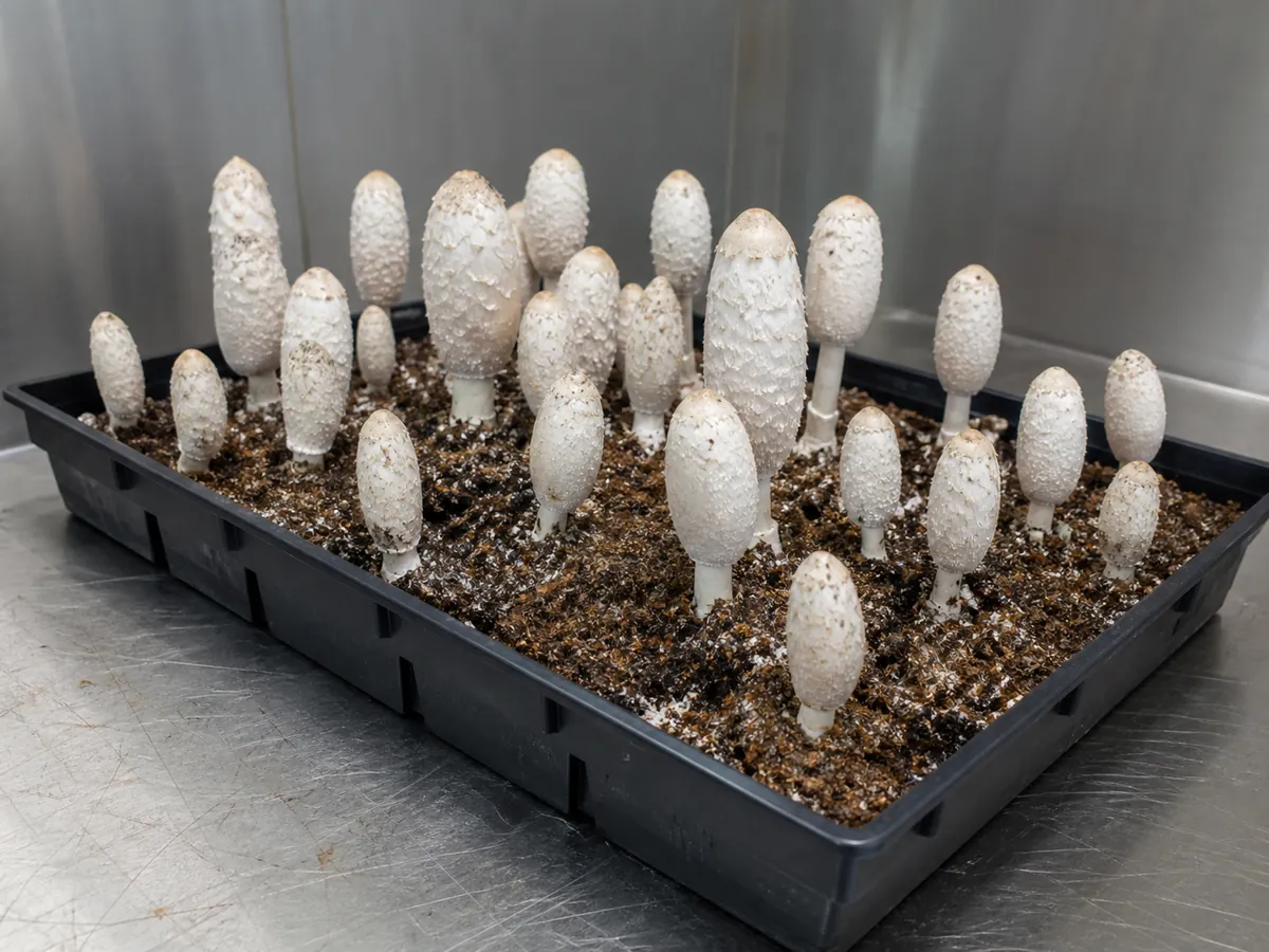 Cultivated shaggy mane mushrooms rising from an even casing tray