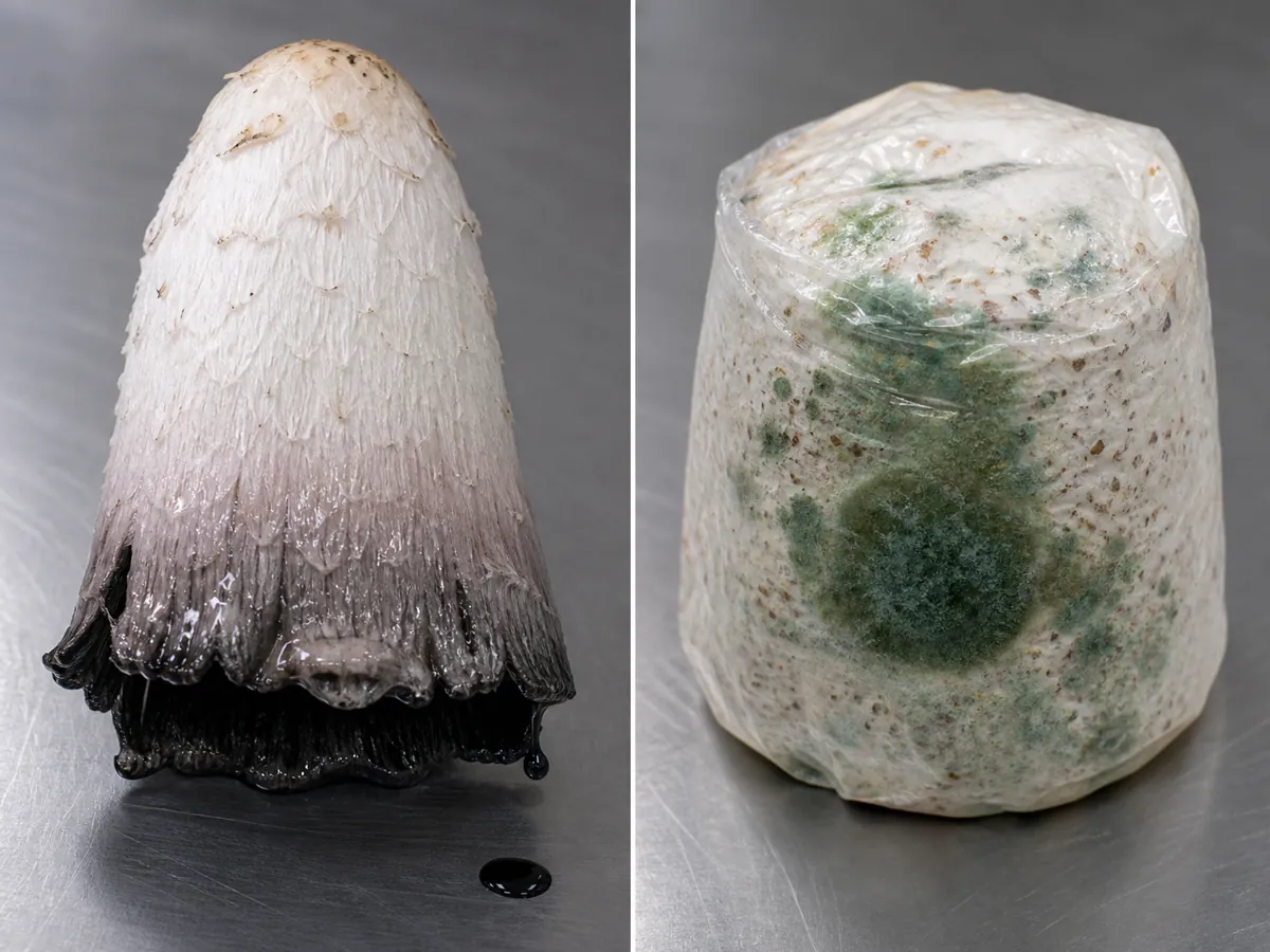 Deliquescing shaggy mane cap beside a separate sealed green mold sample