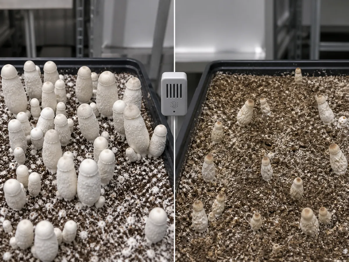 Healthy upright shaggy mane pins beside dry stalled pins