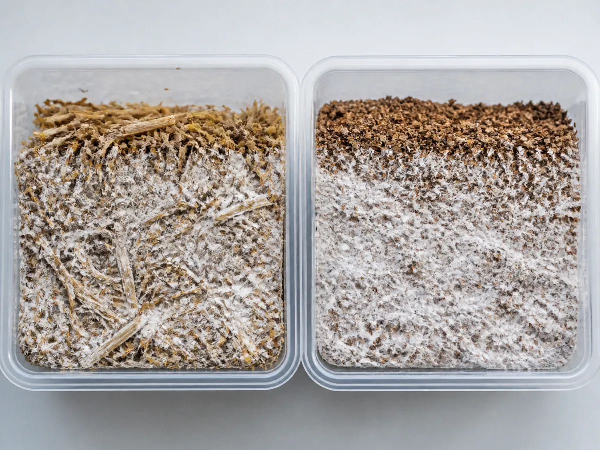 Rice-straw compost and formulated sawdust shown as separate shaggy mane substrate systems
