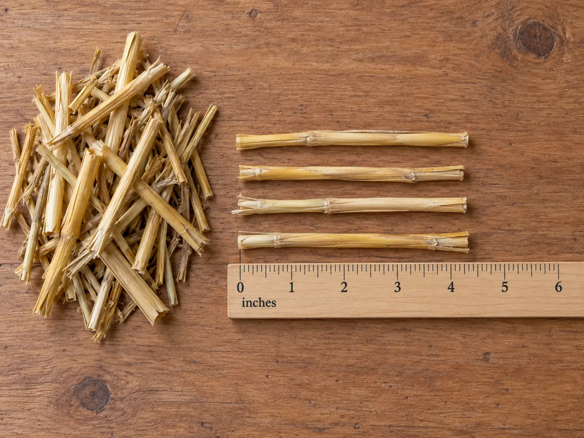 Cut wheat straw beside an inch ruler with pieces approximately four to five inches long