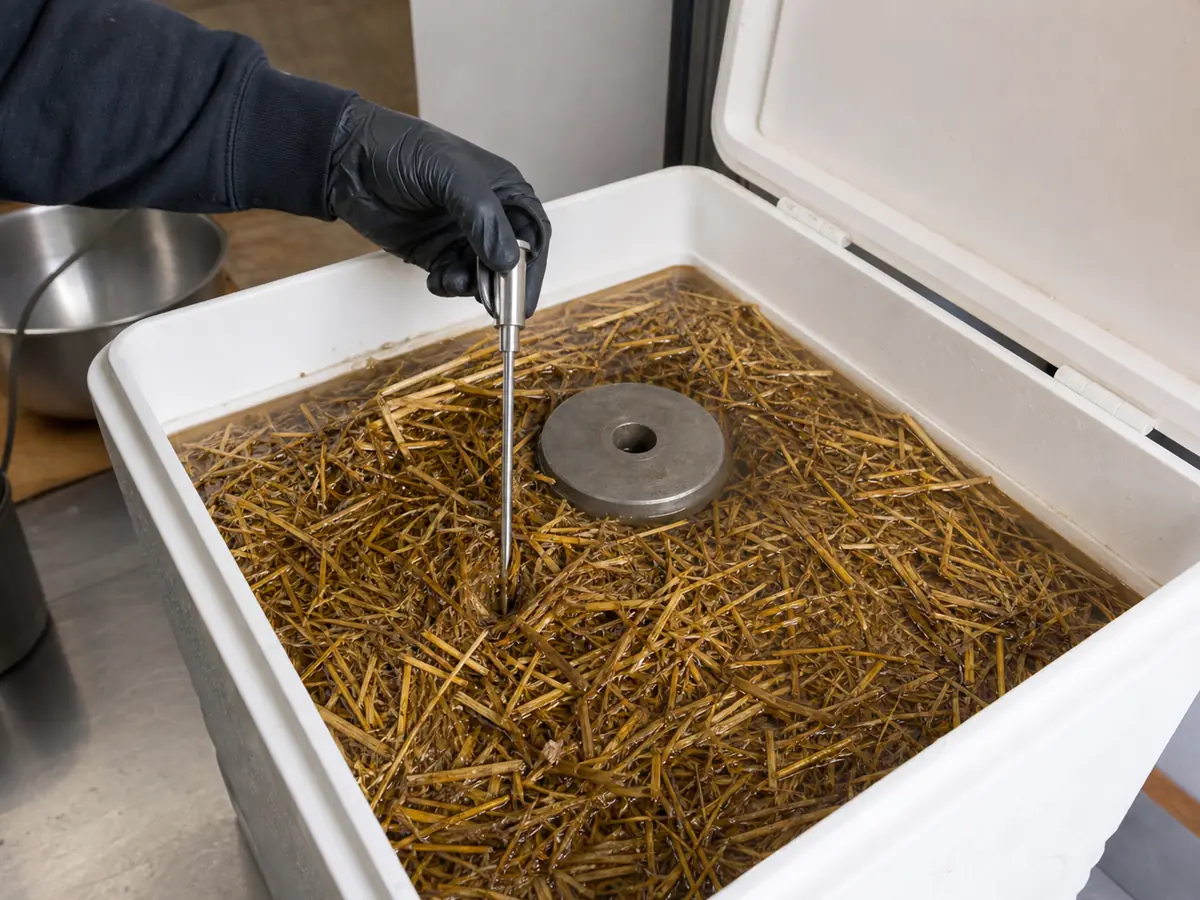 Probe thermometer checking the center of chopped straw submerged in an insulated cooler - straw pasteurization