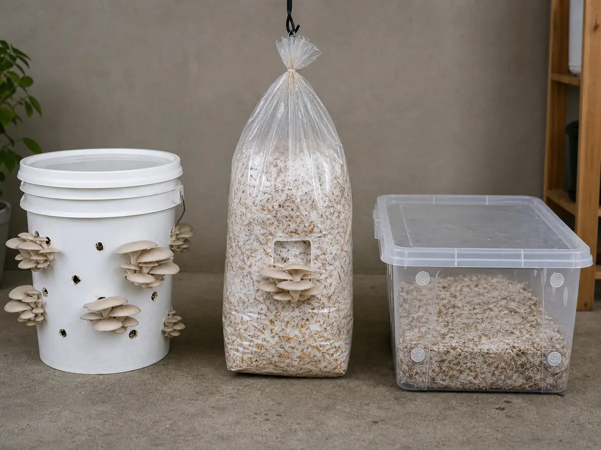 Fruiting bucket, clear grow bag, and filtered monotub holding colonized oyster mushroom straw - straw substrate containers