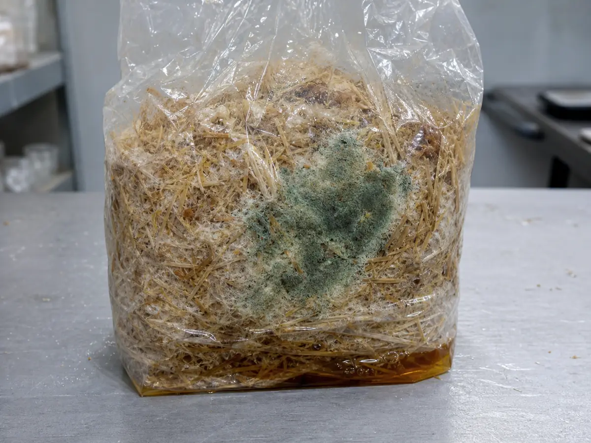 Green mold and amber sour liquid spreading through a failed bag of chopped straw substrate - straw substrate contamination