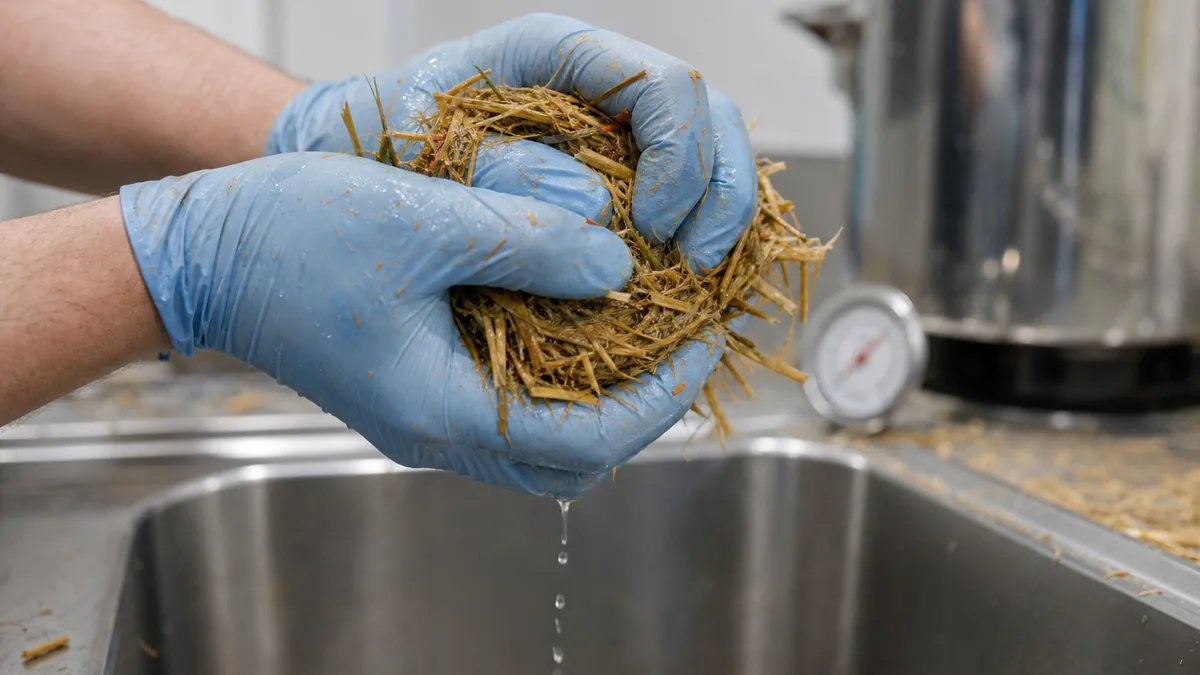 Hand squeezing pasteurized straw until only a few drops fall - straw substrate