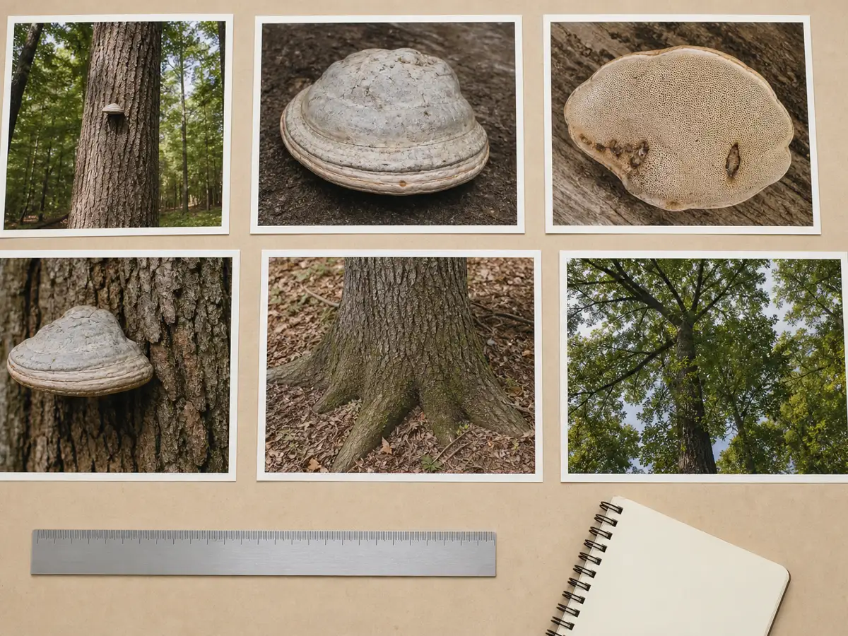 Field documentation set showing a whole tree, conk top and underside, attachment point, root flare, crown, and ruler scale