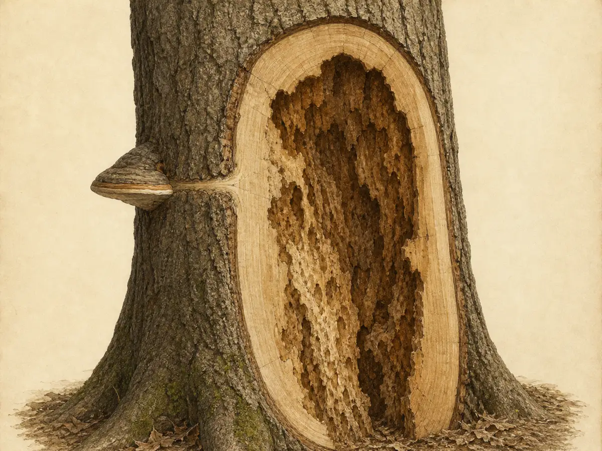 Cutaway of a living tree trunk with a small exterior conk connected to a larger internal decay column and a rim of sound wood
